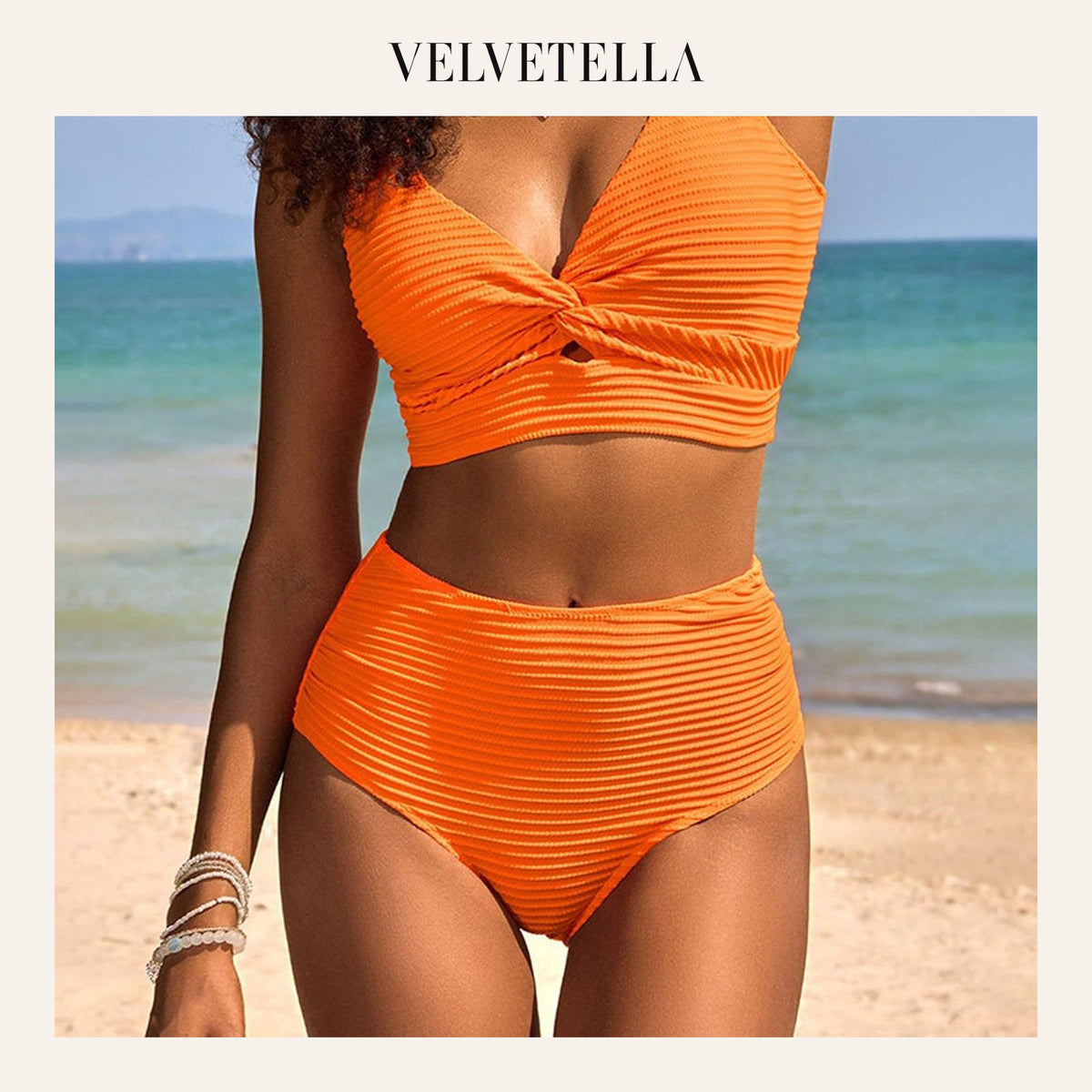 Textured Knot-Front High-Waisted Bikini Set | Velvetella