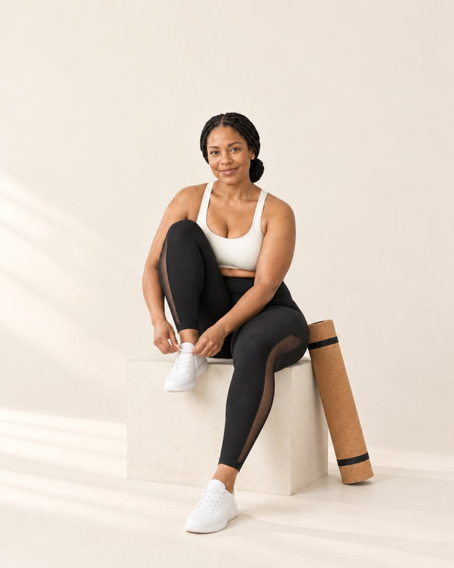 Woman in black high-waisted mesh panel leggings