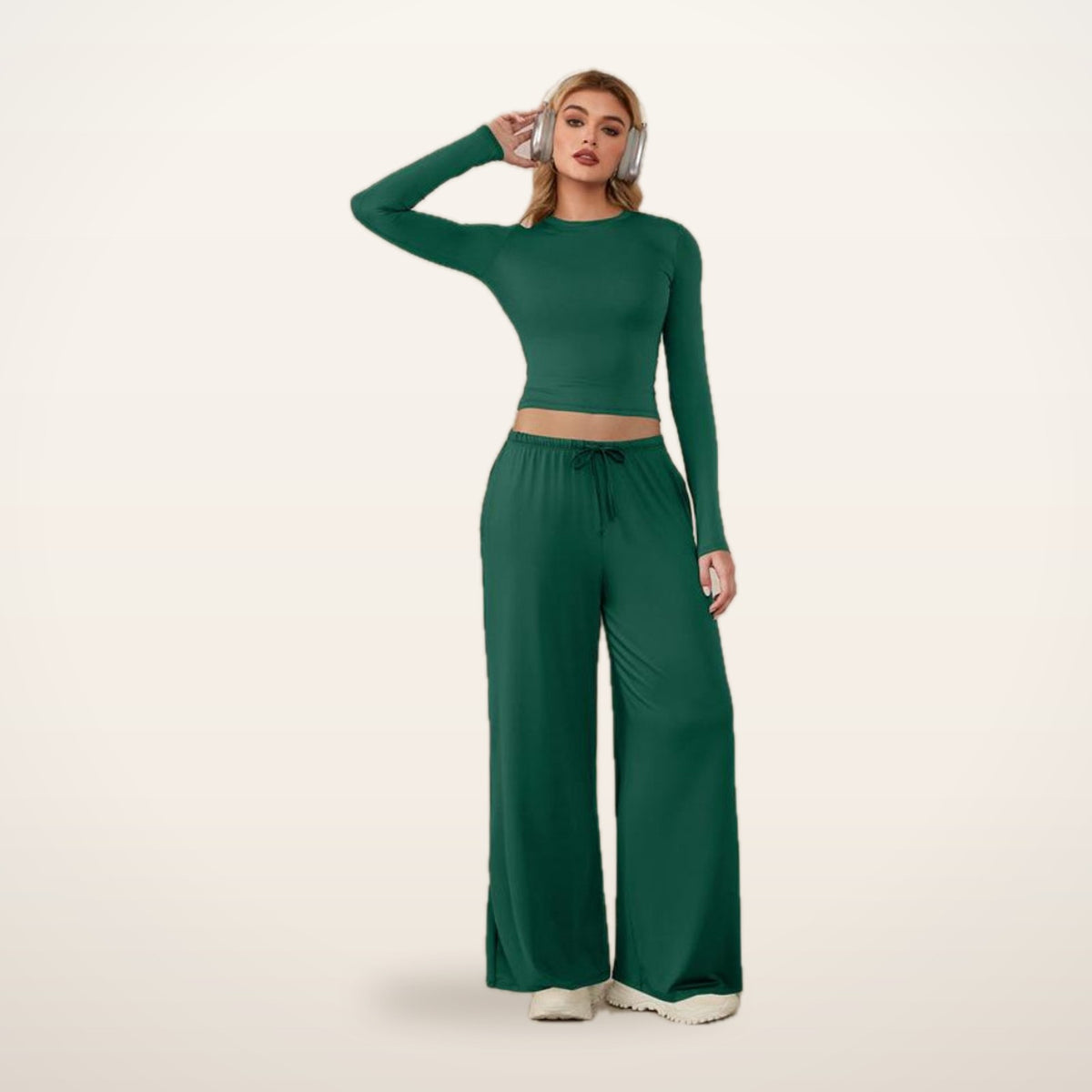 Jade Crop Top & Wide-Leg Pants Active Set | Velvetella