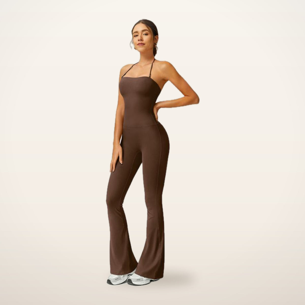 Jade Halter Sculpting Flare Jumpsuit | Velvetella