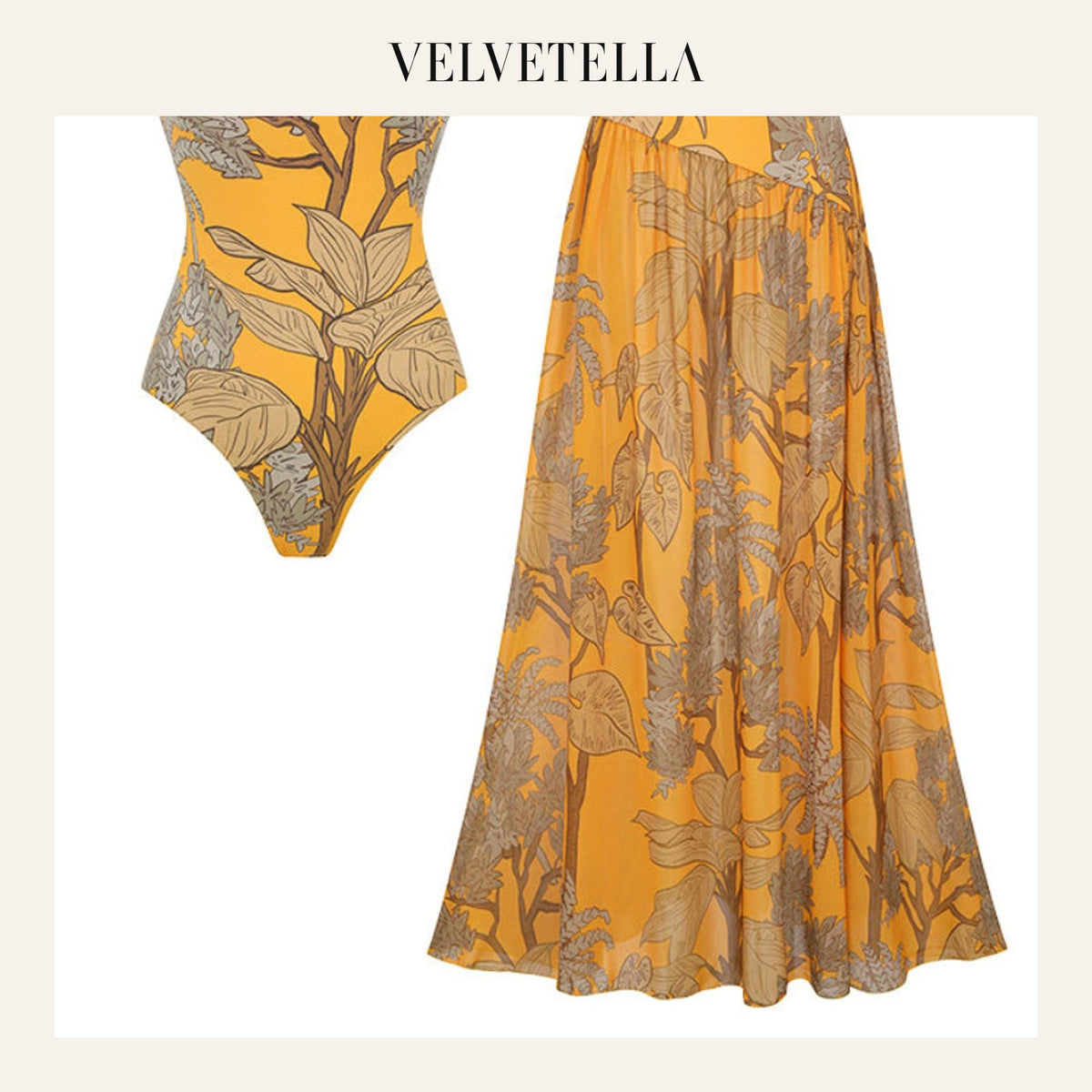 Women’s One-Shoulder Yellow Plant Print Swim Set with Cover Skirt | Velvetella