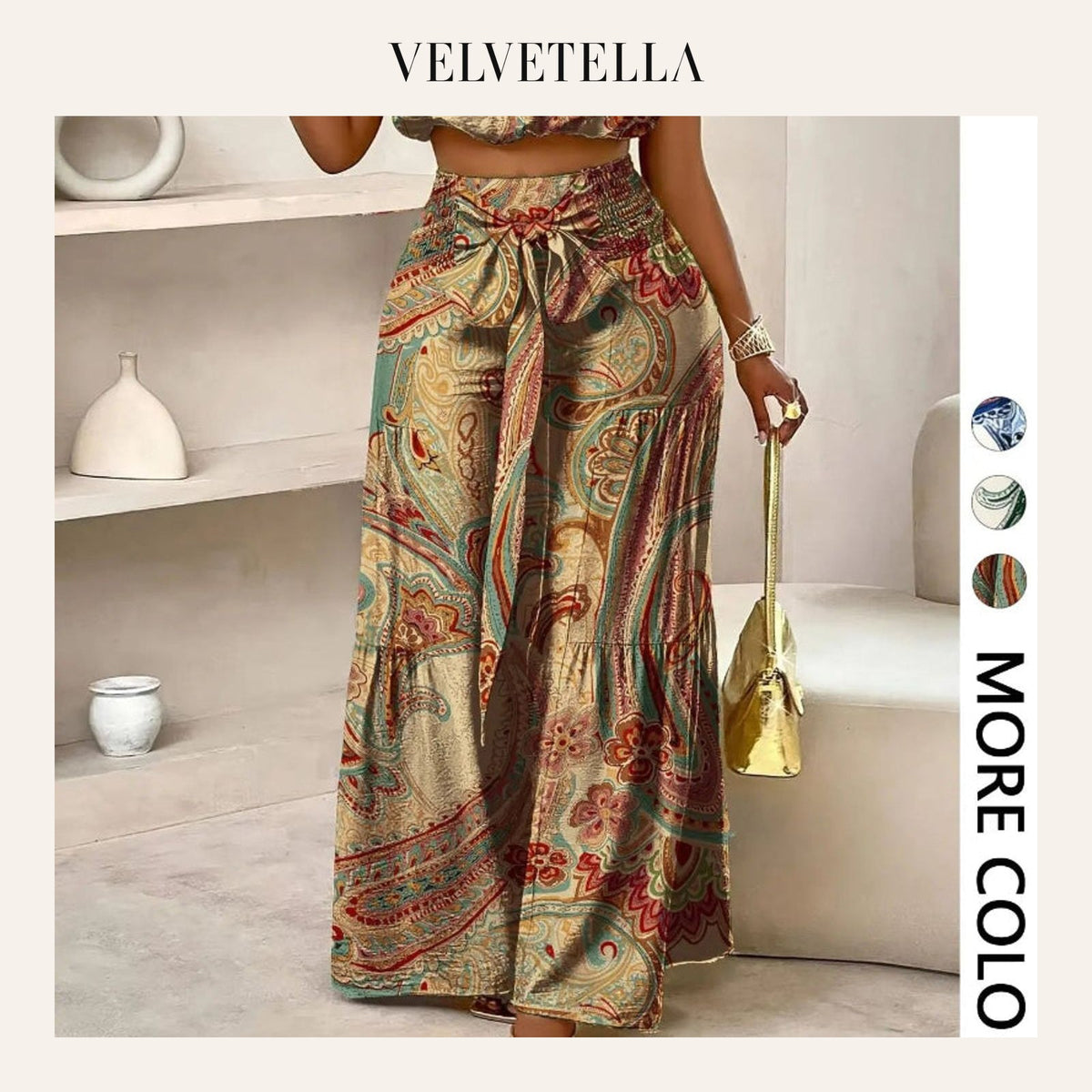 Women’s Paisley Summer Two-Piece Set, Off-Shoulder Top & Wide-Leg Pants | Velvetella