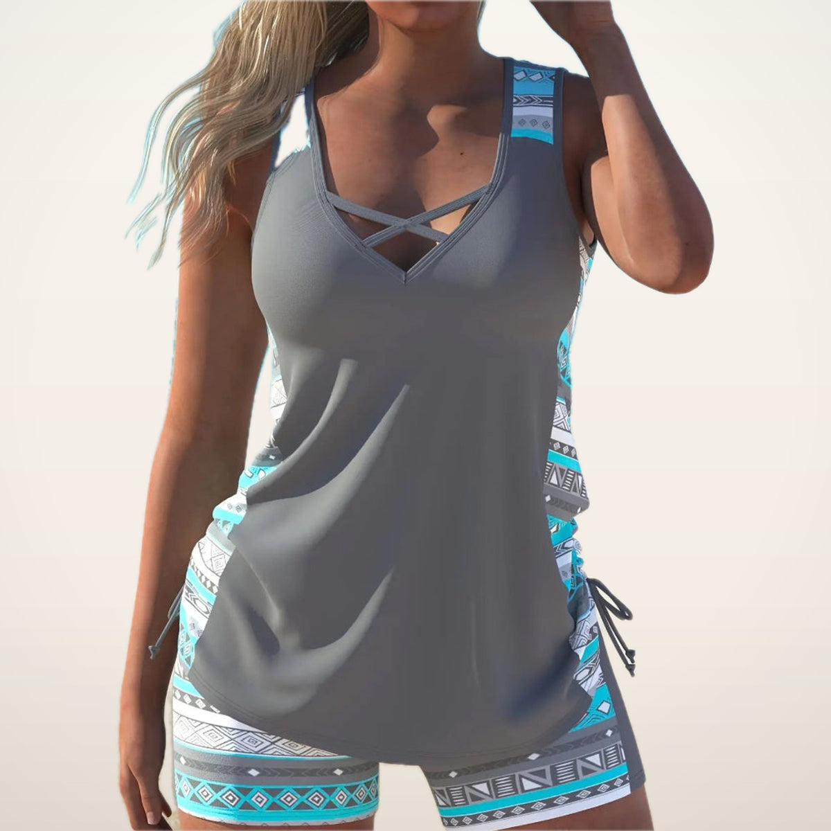Lani Boho Cross-Strap Drawstring Tankini Set | Velvetella