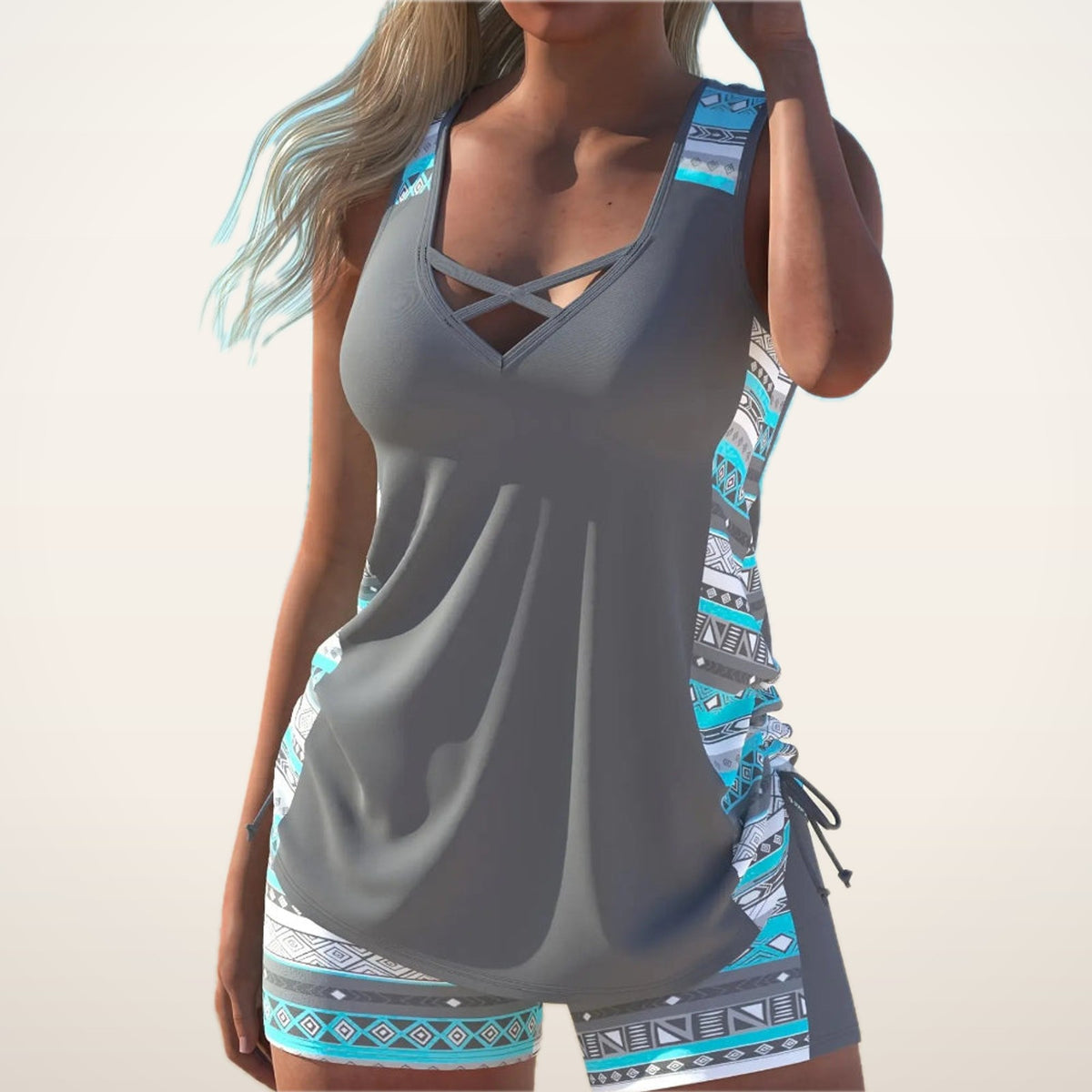 Lani Boho Cross-Strap Drawstring Tankini Set | Velvetella