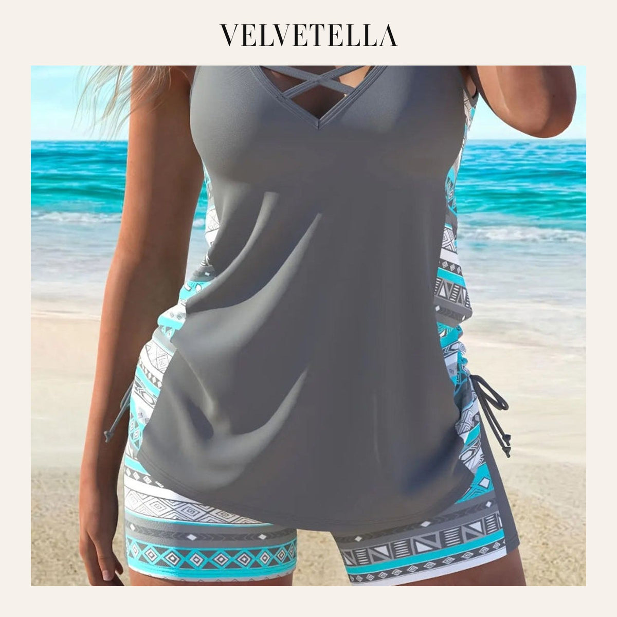 Women's Boho Print Tankini Set Cross Strap Drawstring Swimwear | Velvetella