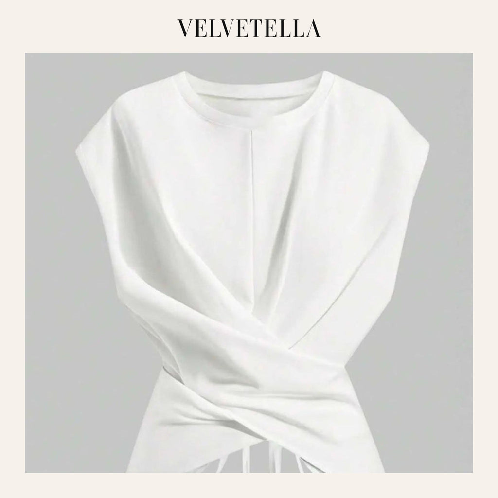 Women's Knit Round Neck Drop Shoulder Cross Back Top | Velvetella