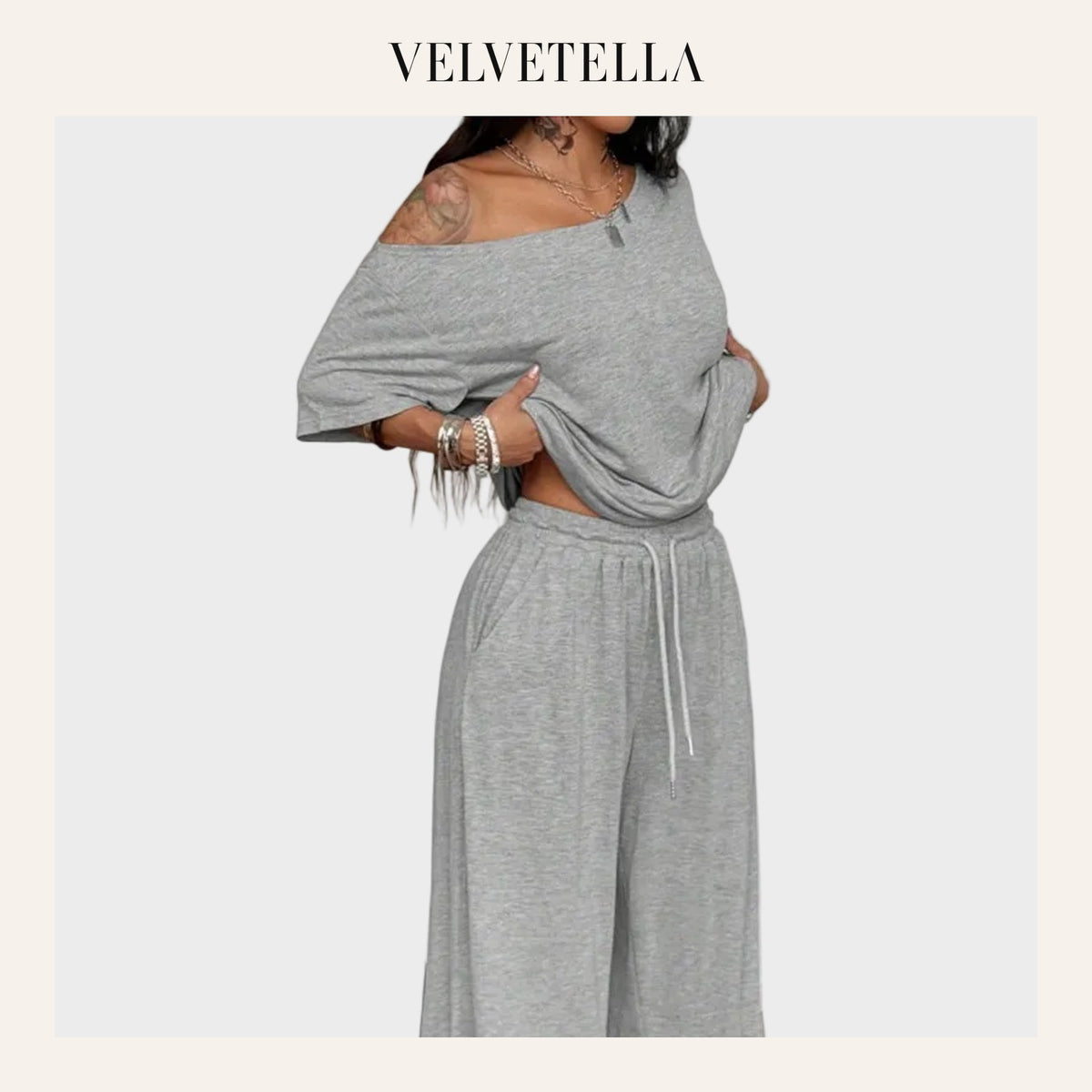 Women's Off-Shoulder Tee Wide-Leg Pants 2P Set | Velvetella